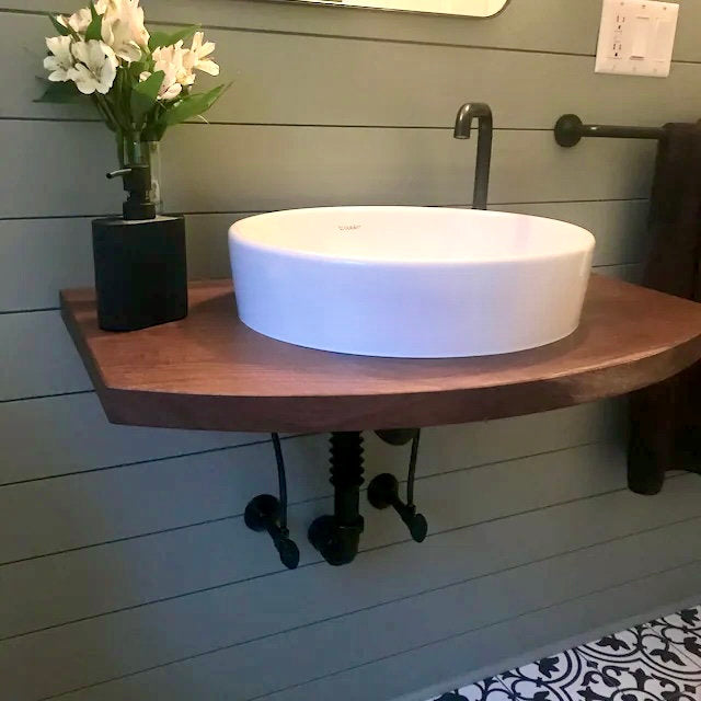 Floating Vanity Shelf, Counter for Basin Sink, Wall Mounted Floating Vessel Sink, Walnut Floating Shelf, Basin Sink Vanity