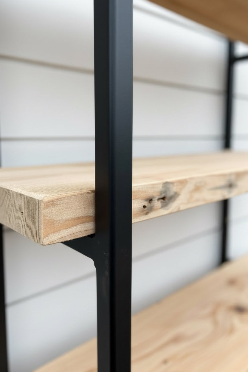 Sinclair Bookcase | Plank Wood Rustic Shelving - Custom Bookshelf, Metal Ladder Shelf