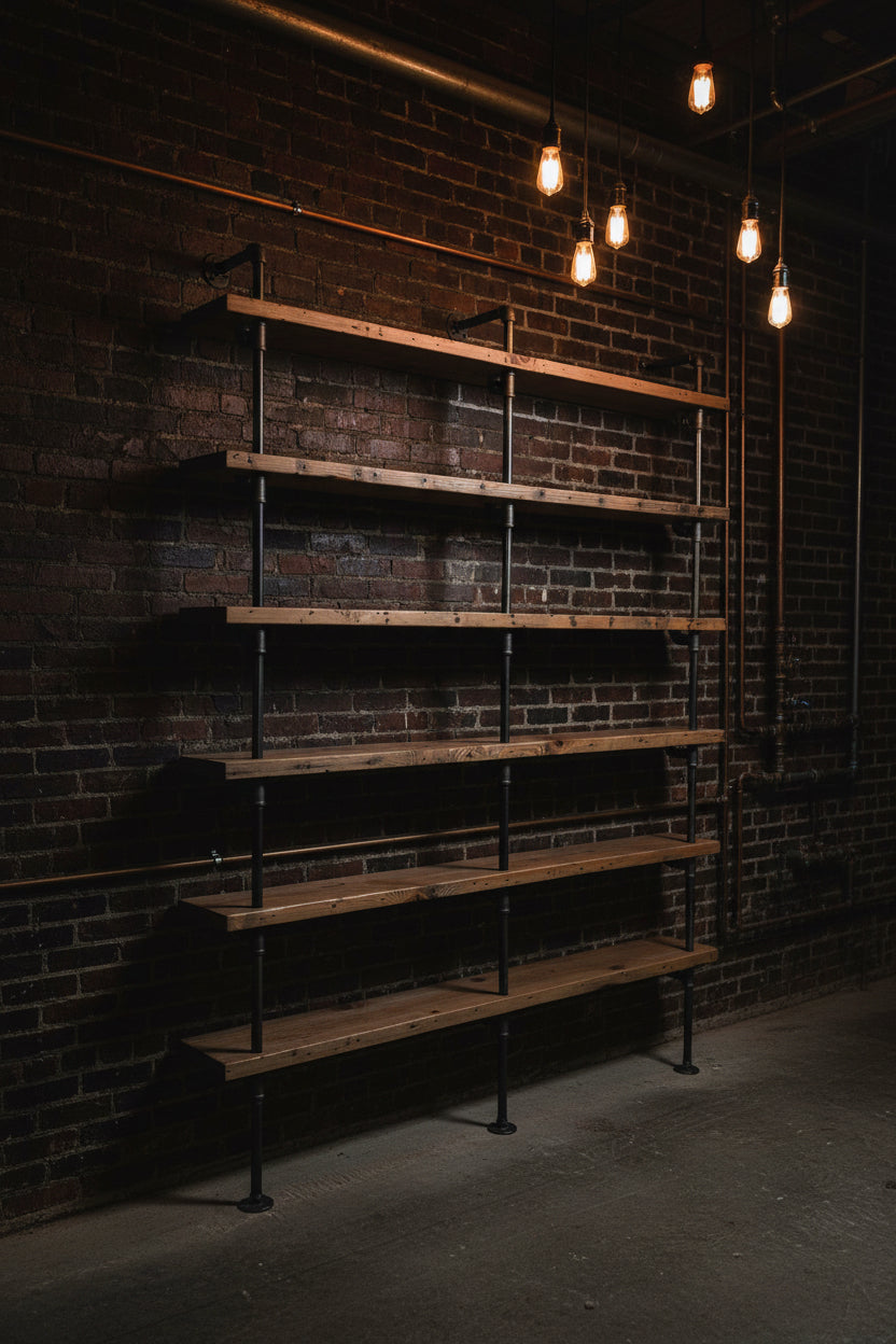 The Hemingway | Industrial Pipe Bookshelf — Custom Reclaimed Wood Wall-Mount Shelving Unit