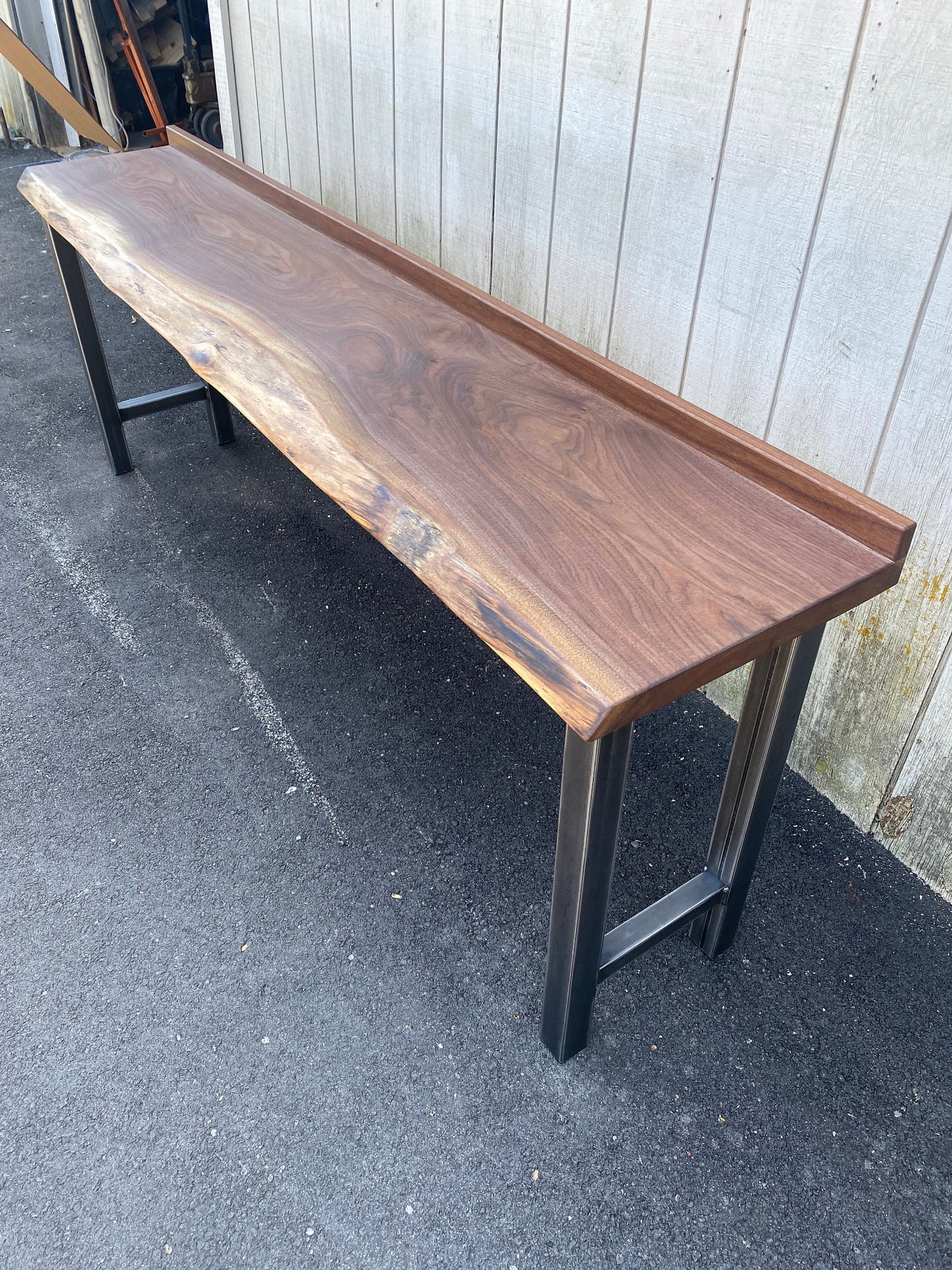 Walnut Sofa Bar Table Reclaimed Wood Drink Rail Restaurant Counter Living Edge Sofa Table Communal Table