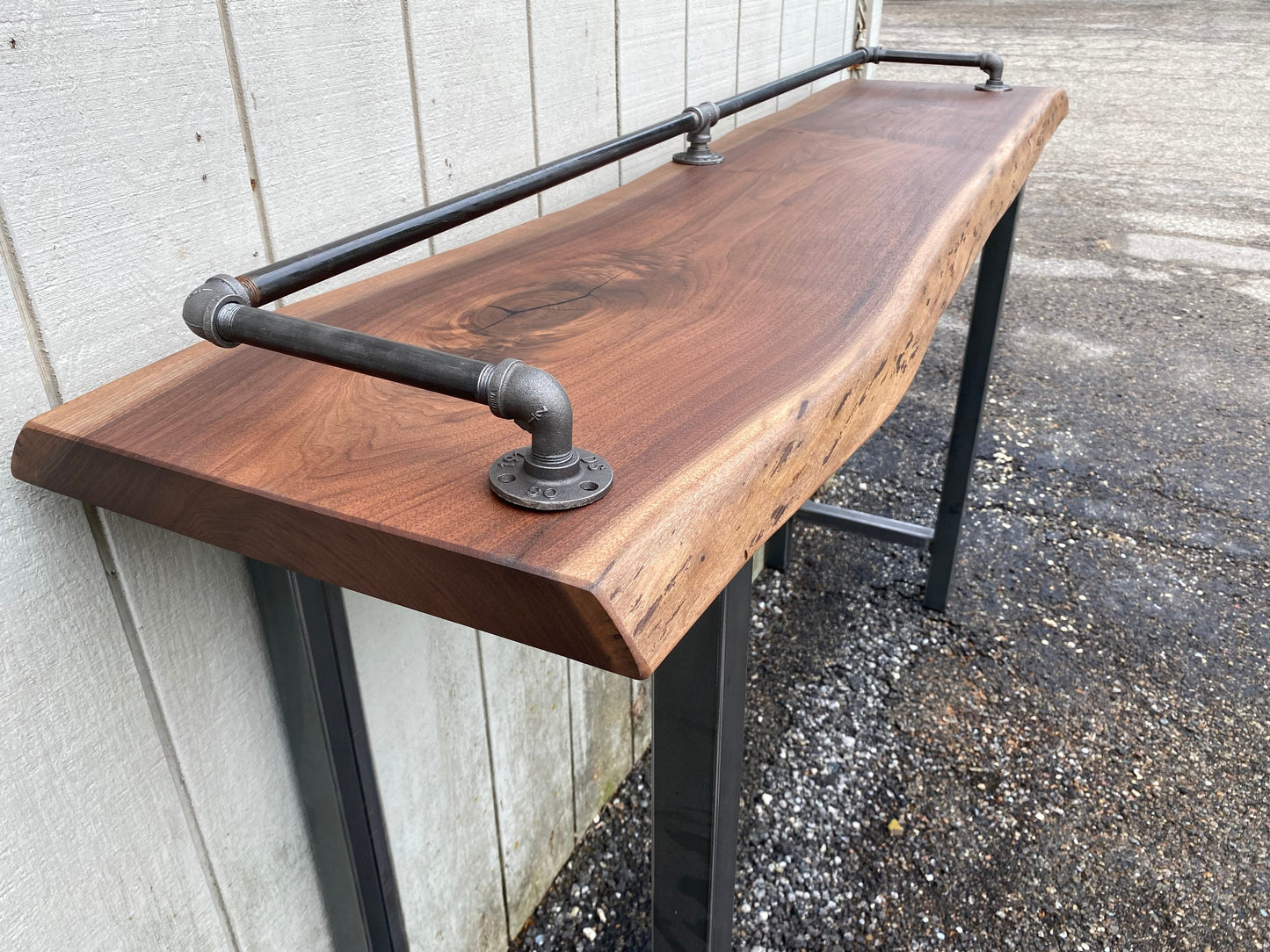 Walnut Sofa Bar Table Reclaimed Wood Drink Rail Restaurant Counter Living Edge Sofa Table Communal Table