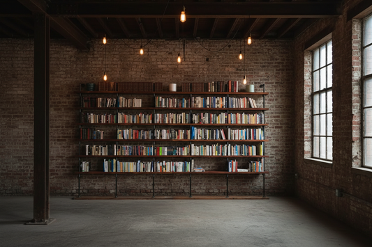 Hemingway Industrial Pipe Bookshelf — Custom Reclaimed Wood Wall-Mount Shelving Unit