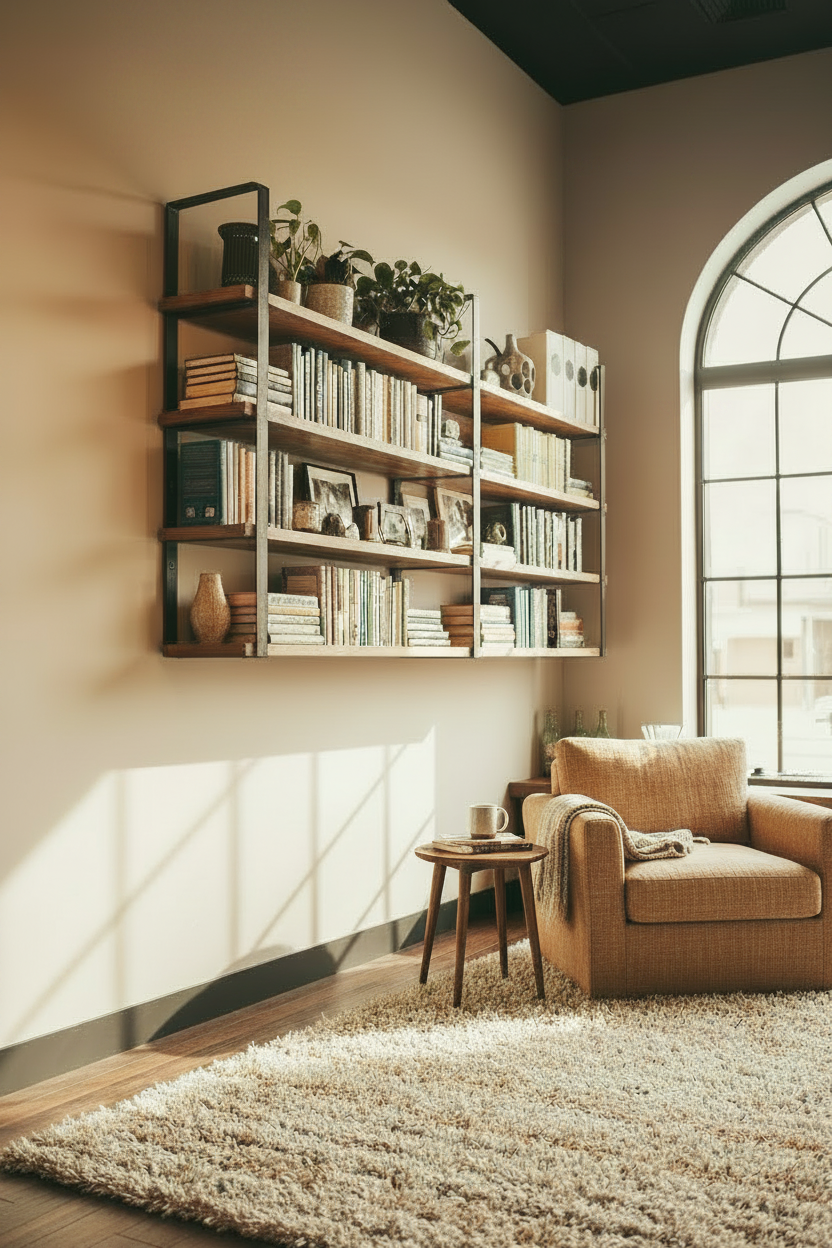 The Joyce Modern Wall Mounted Wood Bookshelf, Bar  Shelving, Industrial Shelf Unit