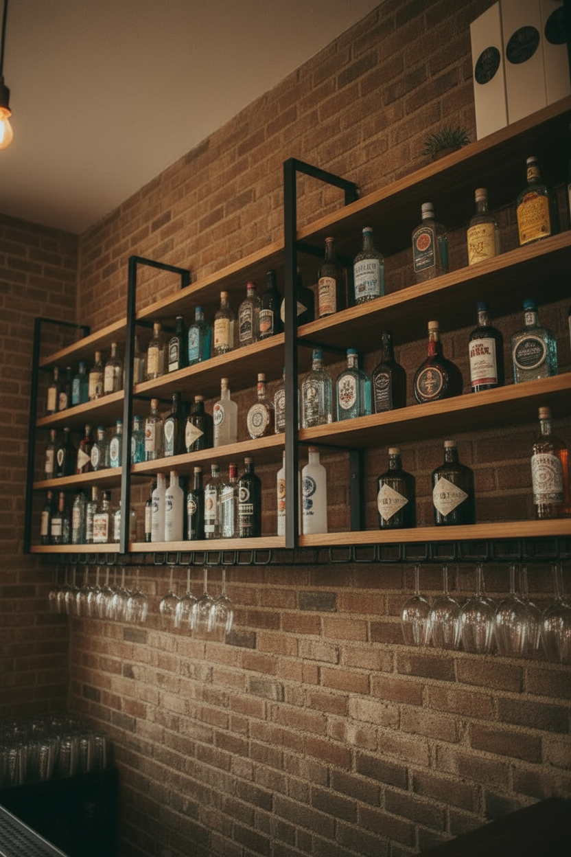 The Joyce Modern Wall Mounted Wood Bookshelf, Bar  Shelving, Industrial Shelf Unit