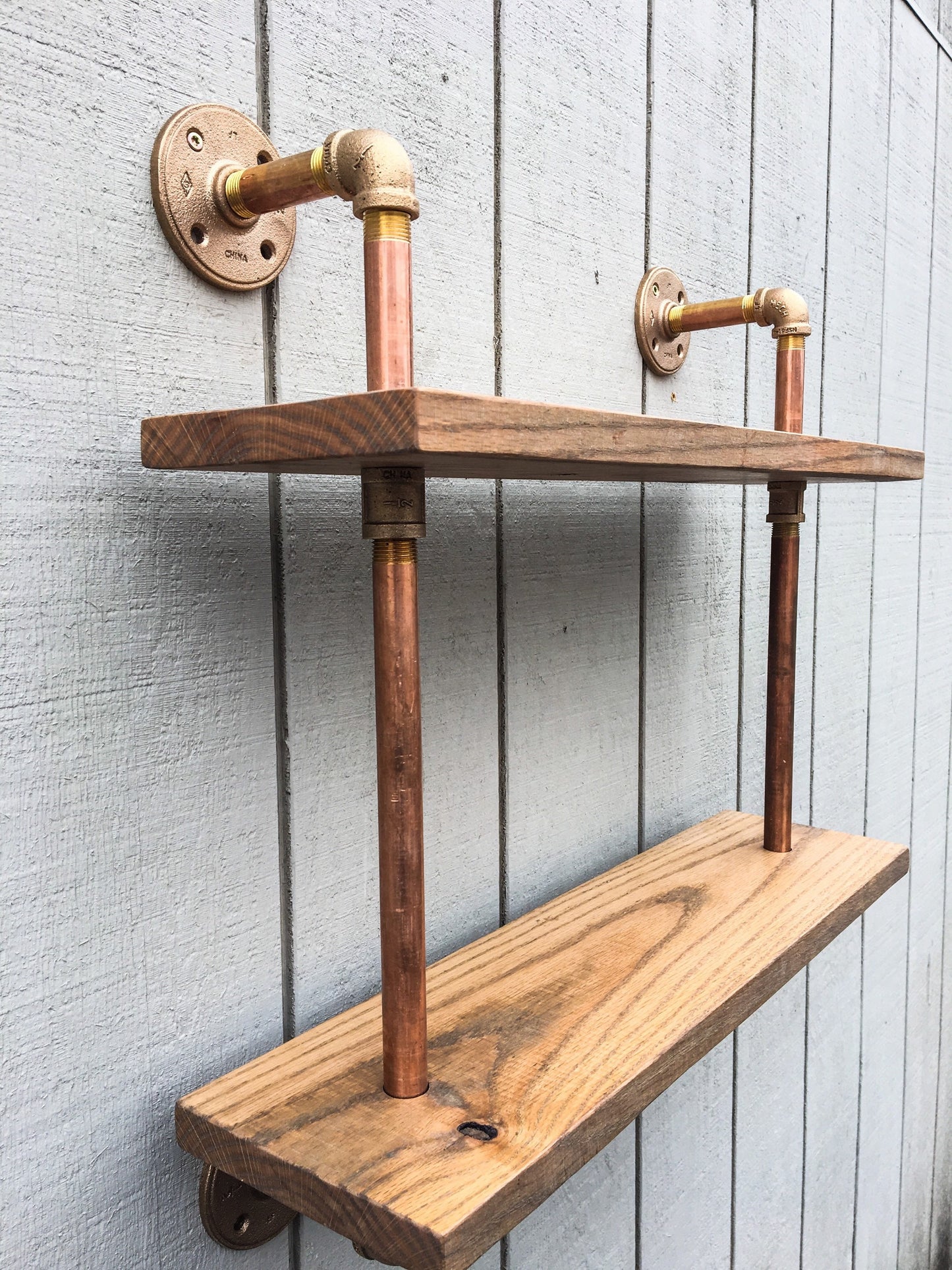 Reclaimed Wood Bookshelf with Gold Metal Pipe, Wall Mounted