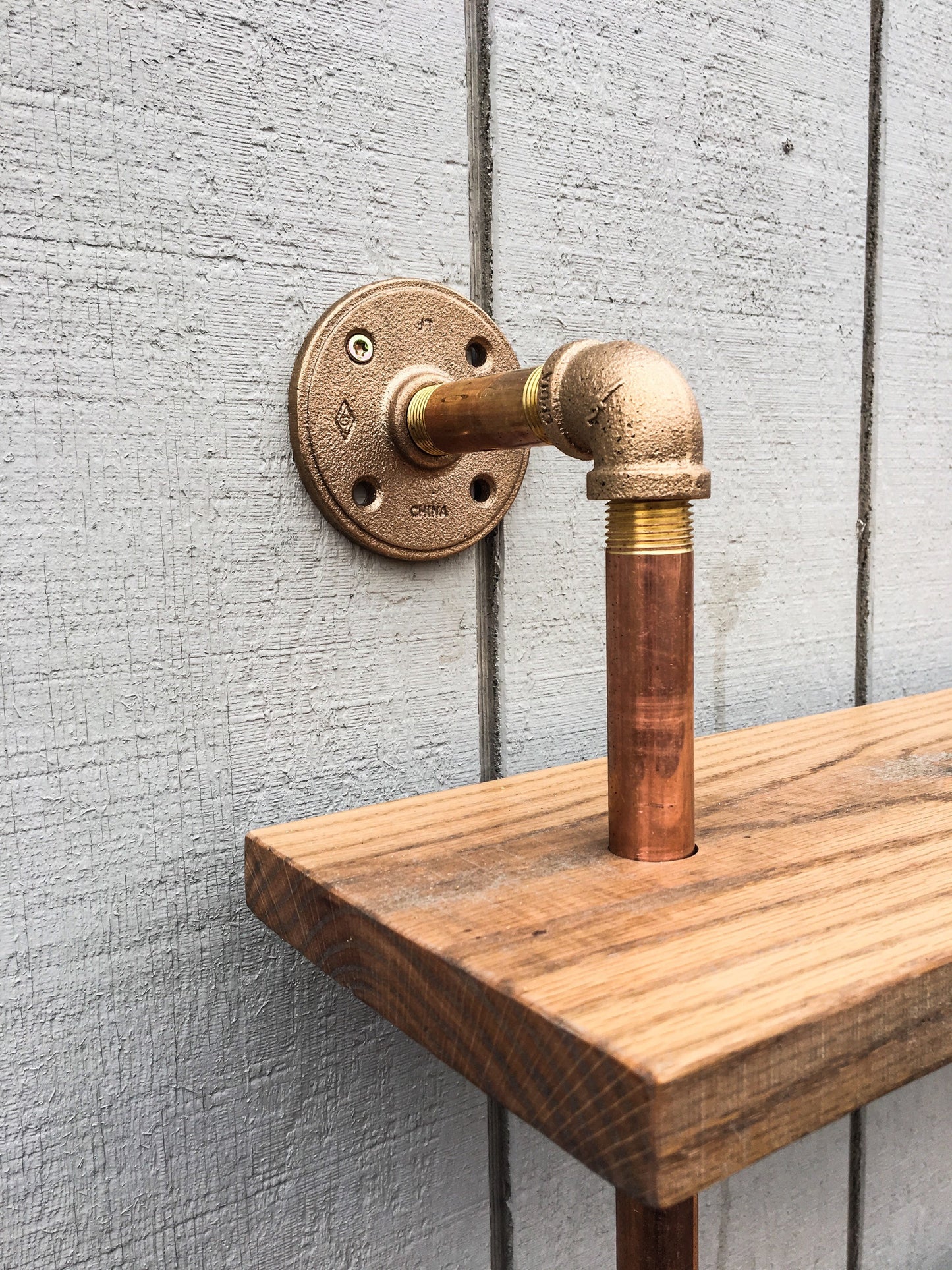Reclaimed Wood Bookshelf with Gold Metal Pipe, Wall Mounted