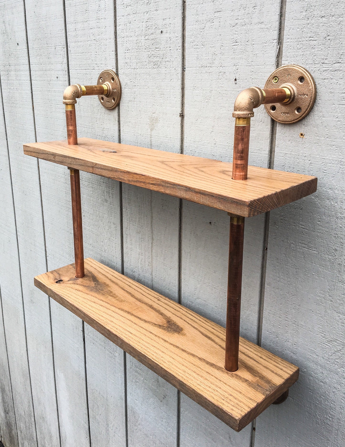 Reclaimed Wood Bookshelf with Gold Metal Pipe, Wall Mounted