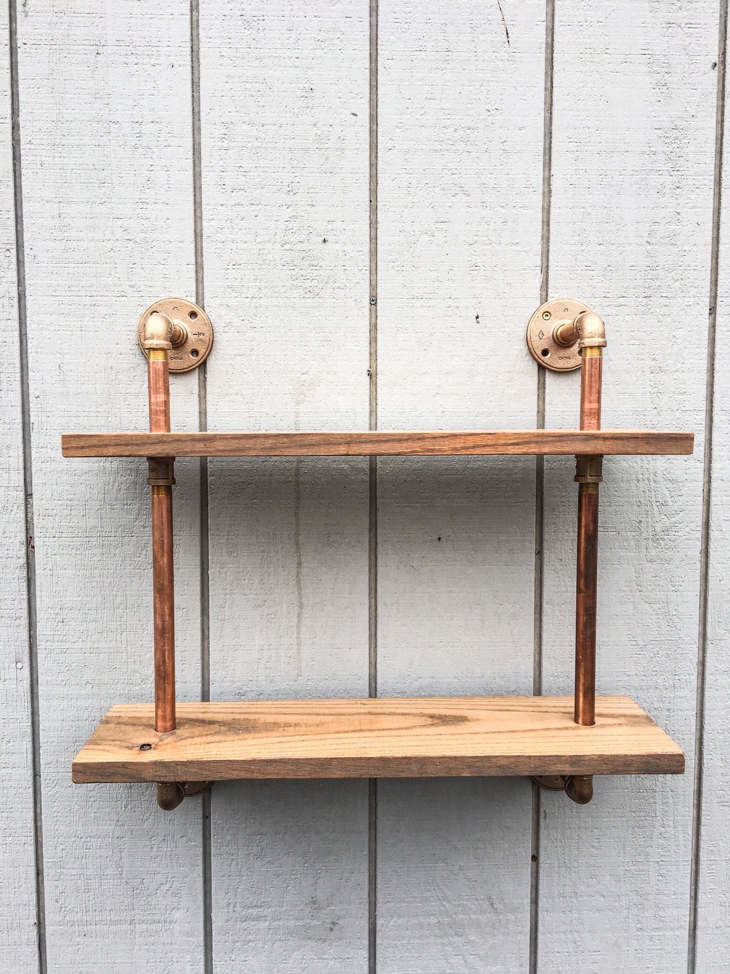 Reclaimed Wood Bookshelf with Gold Metal Pipe, Wall Mounted