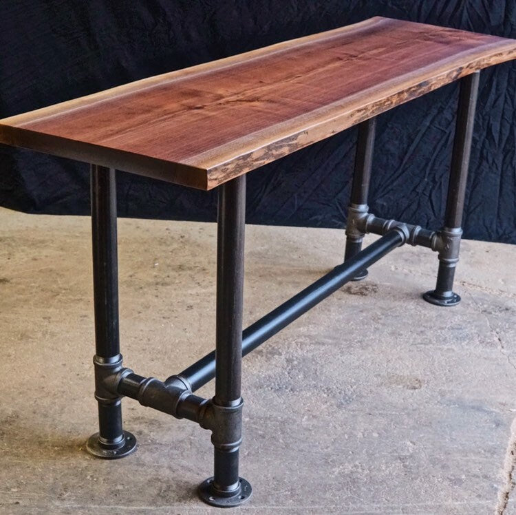 Industrial Bar Table, Narrow Wood Table with Metal Legs, Behind Sofa Counter, Drink Rail