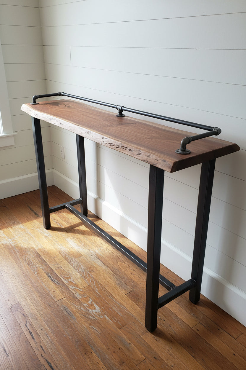 Industrial Bar Table, Narrow Wood Table with Metal Legs, Behind Sofa Counter, Drink Rail