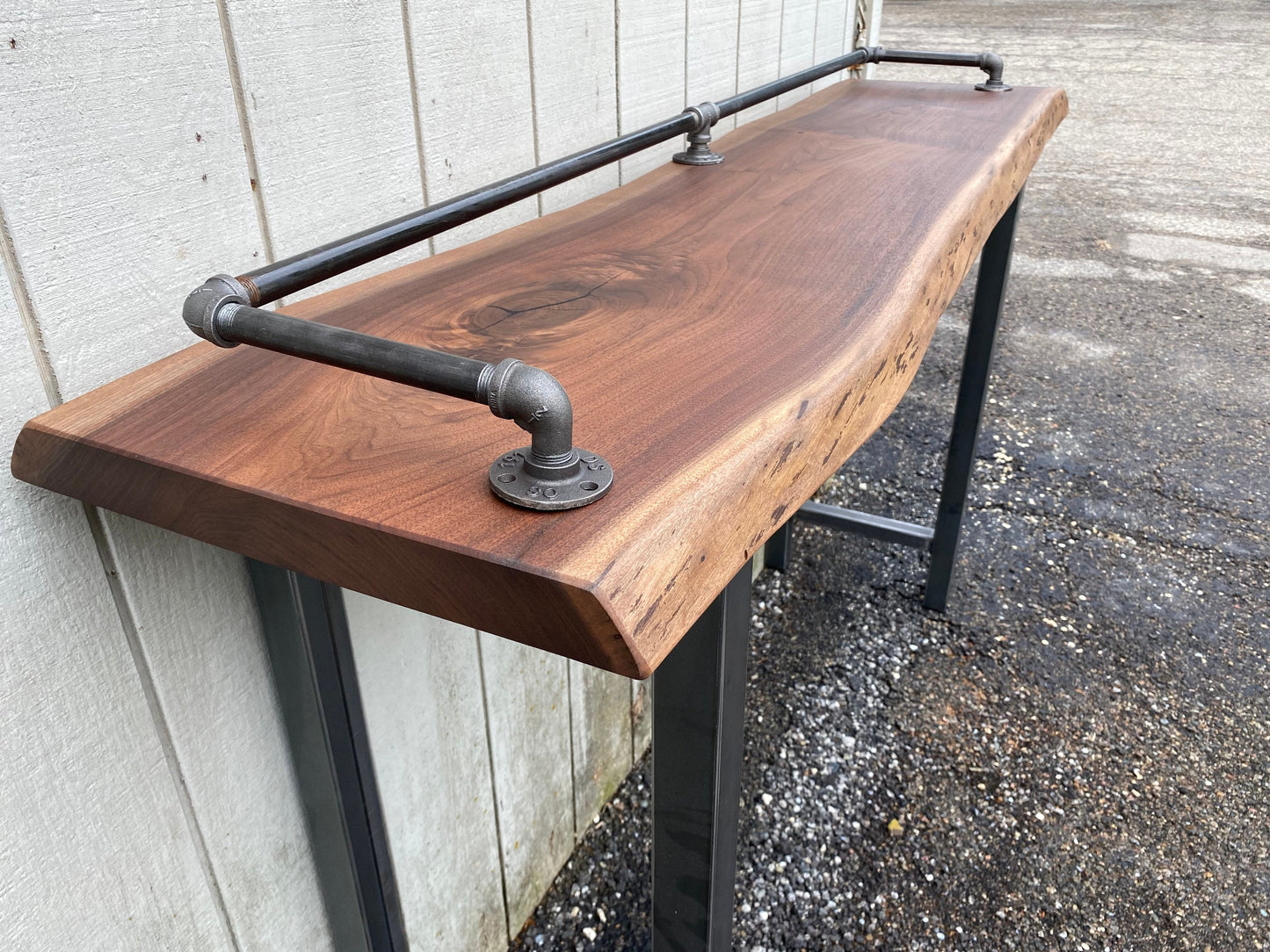 Industrial Bar Table, Narrow Wood Table with Metal Legs, Behind Sofa Counter, Drink Rail