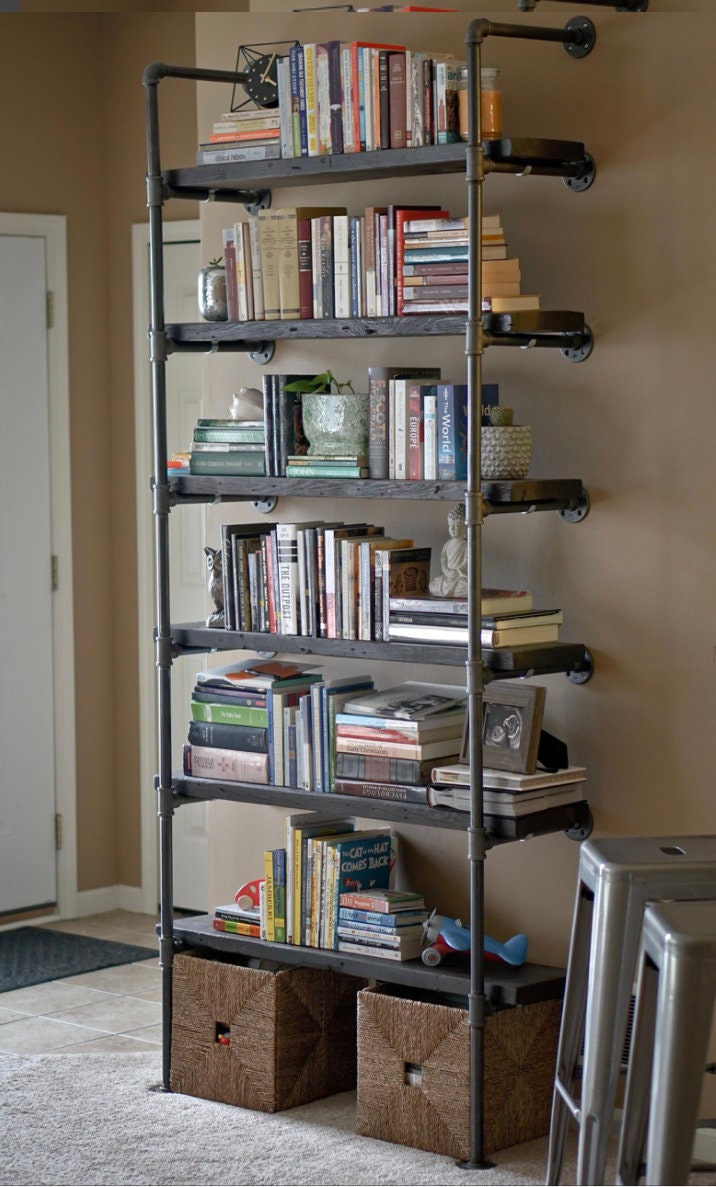 7 Shelves - Large Wall Mounted Bookshelf - Reclaimed Wood Bookshelf Pipe Bookshelf Shelf Built In Industrial Shelving TV Stand Desk Storage