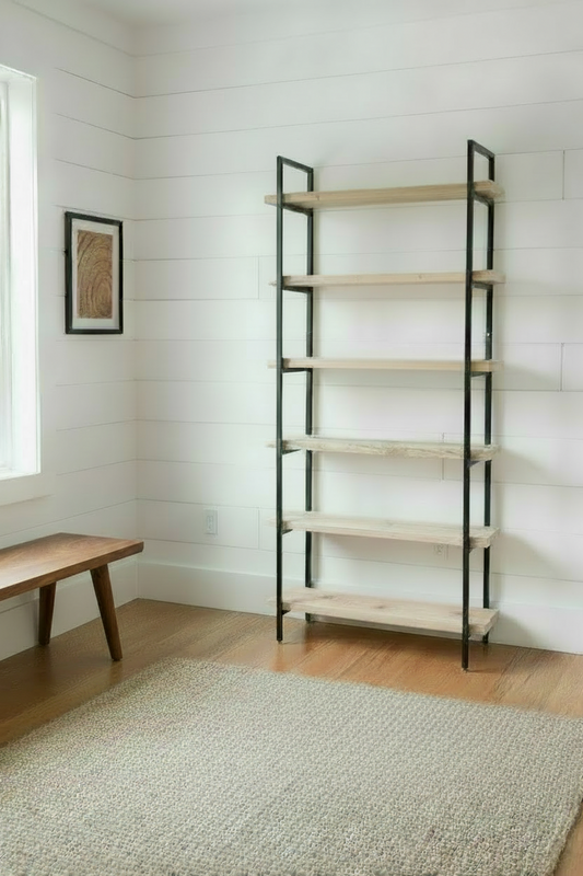Sinclair Bookcase | Plank Wood Rustic Shelving - Custom Bookshelf, Metal Ladder Shelf
