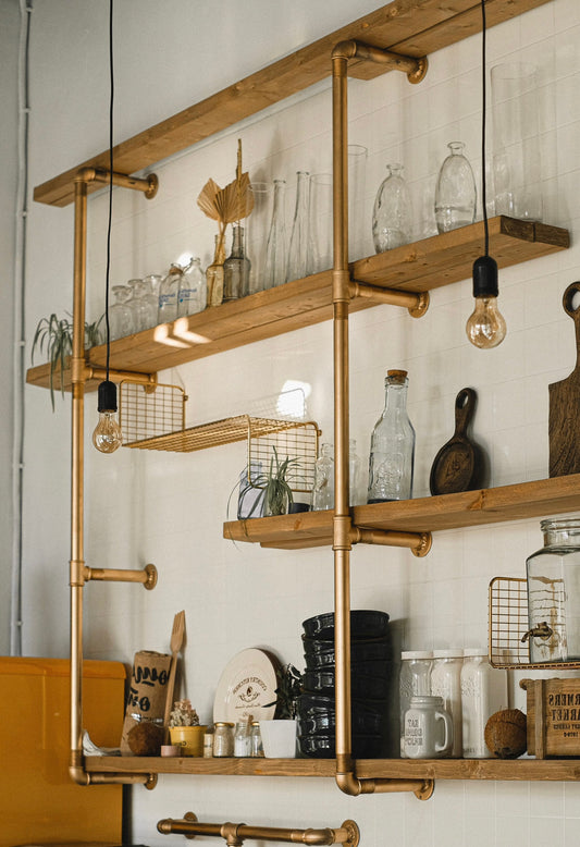 Reclaimed Wood Bookshelf with Gold Metal Pipe, Wall Mounted