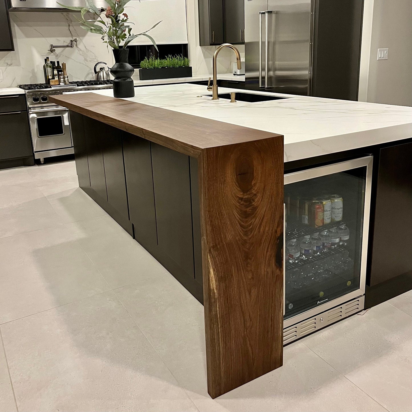 Custom Walnut Waterfall Countertop Extension, Seating Island Slab