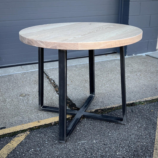 Reclaimed Wood Round Bar Table: Steel Pedestal Restaurant Table
