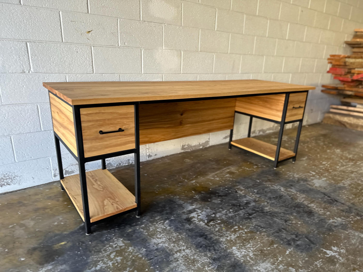 Industrial Desk with Wood Top, Custom L Desk, Drawers, Shelves, Keyboard Tray
