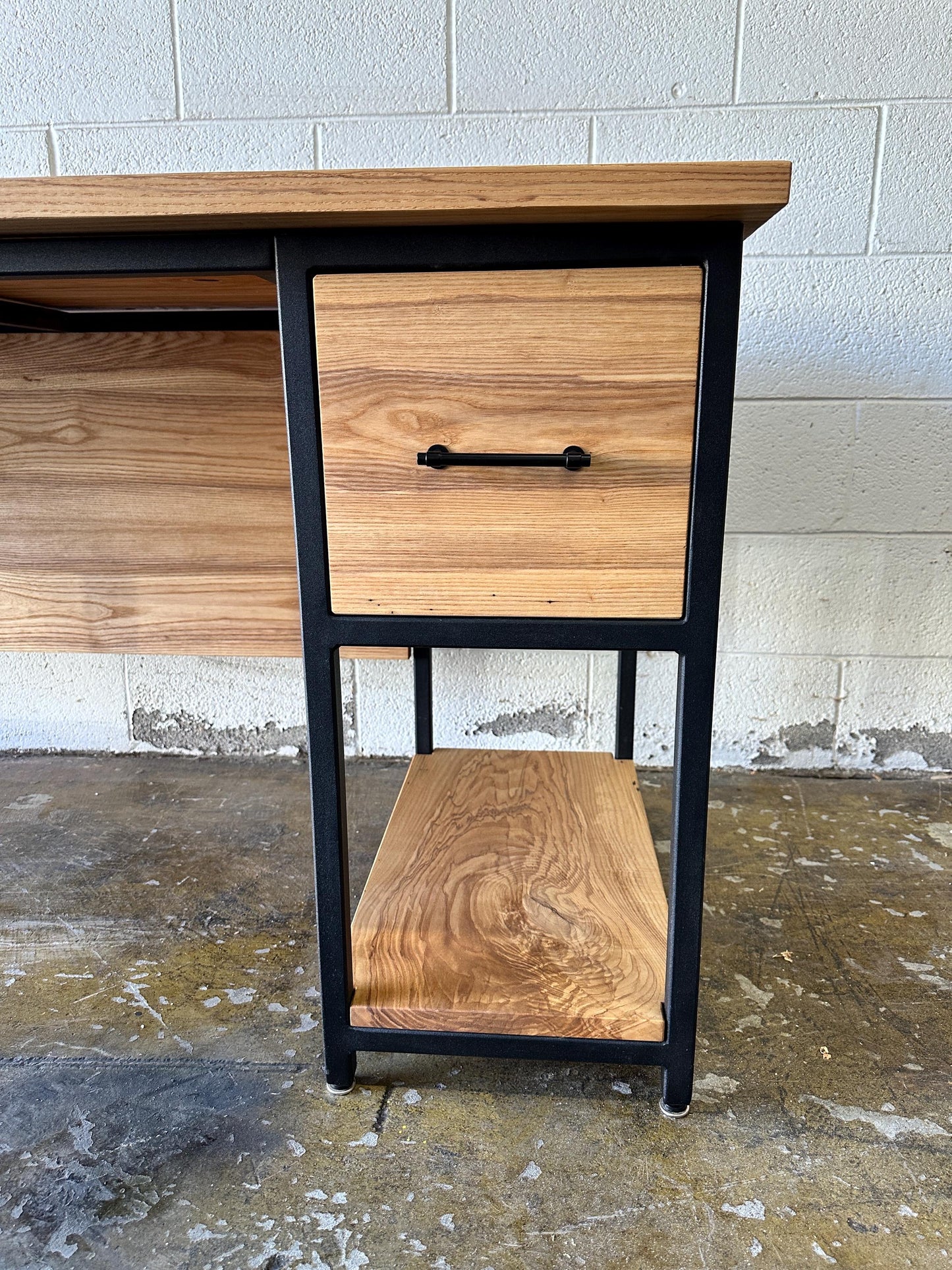 Industrial Desk with Wood Top, Custom L Desk, Drawers, Shelves, Keyboard Tray