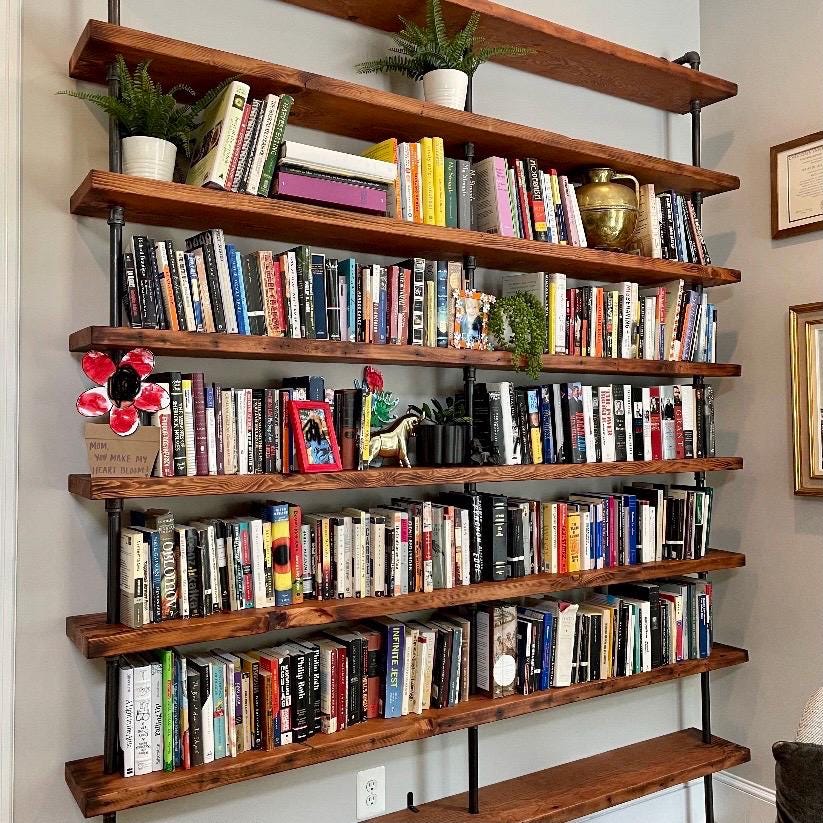 7 Shelves - Large Wall Mounted Bookshelf - Reclaimed Wood Bookshelf Pipe Bookshelf Shelf Built In Industrial Shelving TV Stand Desk Storage