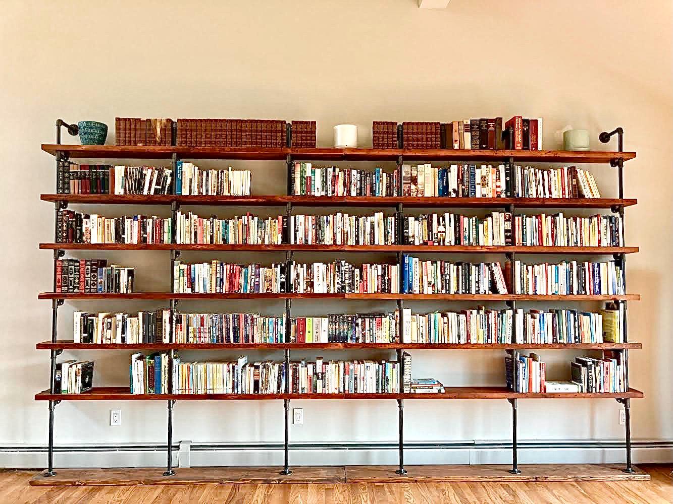 7 Shelves - Large Wall Mounted Bookshelf - Reclaimed Wood Bookshelf Pipe Bookshelf Shelf Built In Industrial Shelving TV Stand Desk Storage