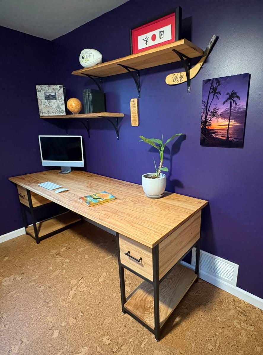 Industrial Desk with Wood Top, Custom L Desk, Drawers, Shelves, Keyboard Tray