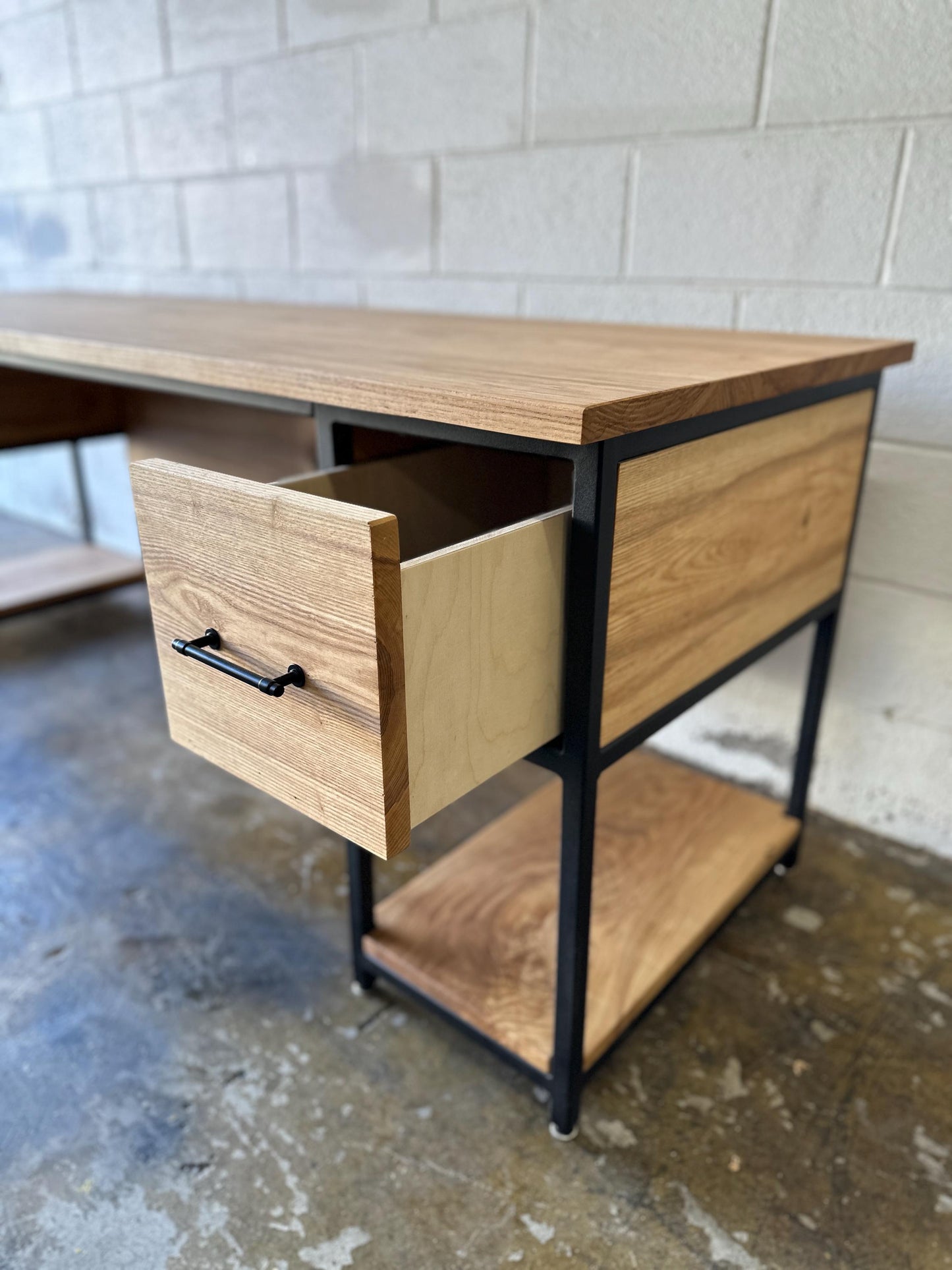 Industrial Desk with Wood Top, Custom L Desk, Drawers, Shelves, Keyboard Tray