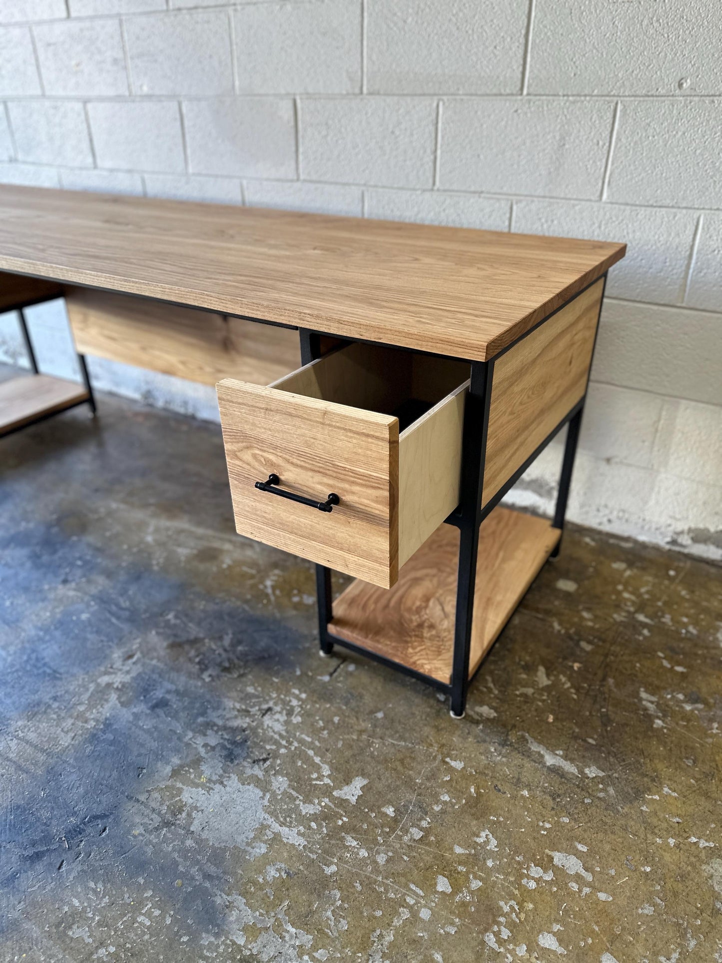 Industrial Desk with Wood Top, Custom L Desk, Drawers, Shelves, Keyboard Tray