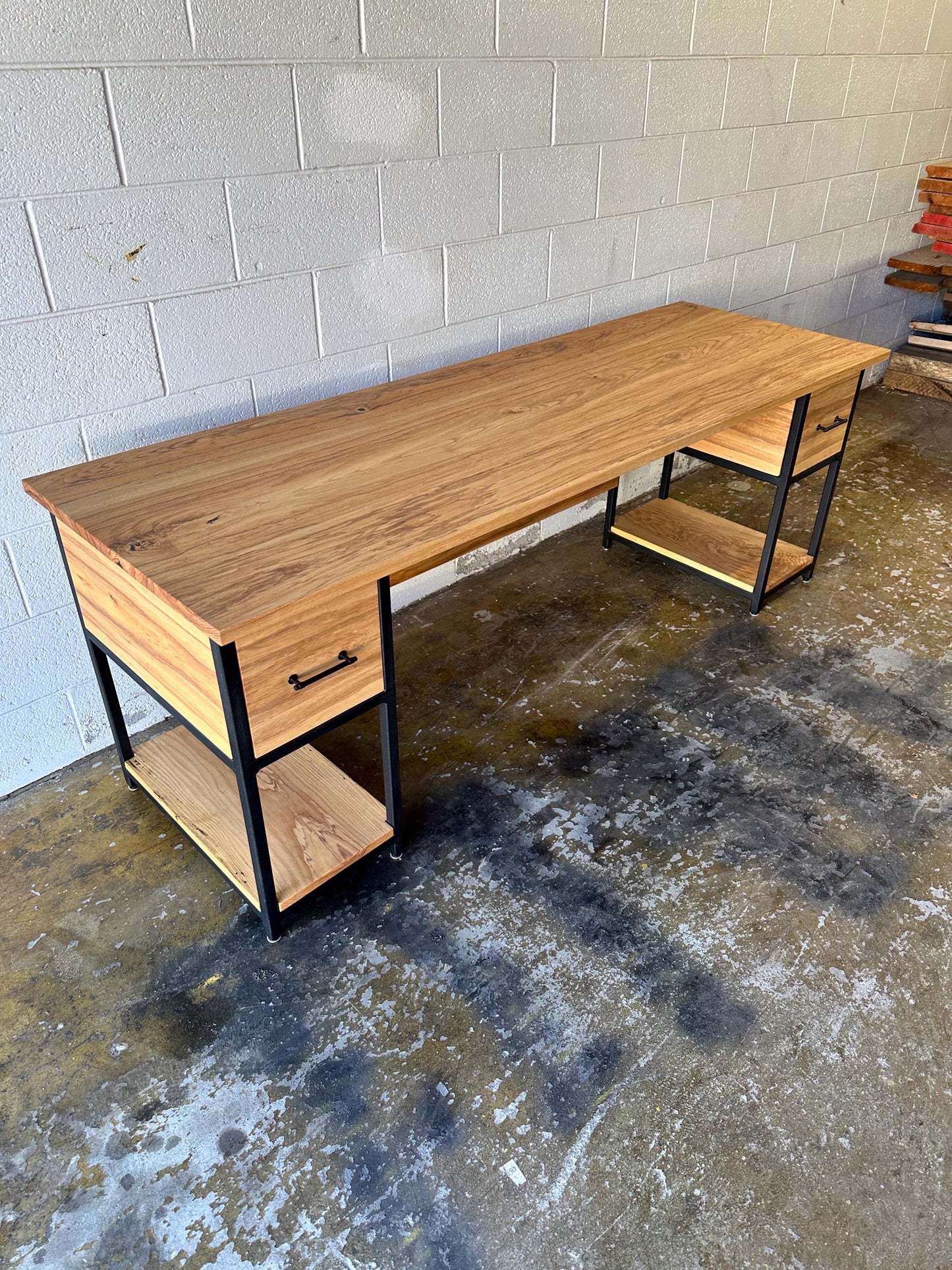 Industrial Desk with Wood Top, Custom L Desk, Drawers, Shelves, Keyboard Tray