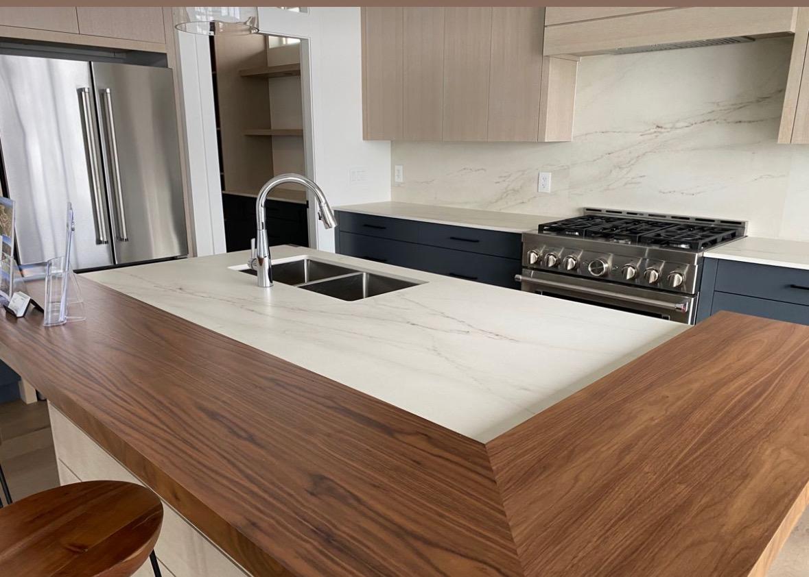 Custom Walnut Waterfall Countertop Extension, Seating Island Slab