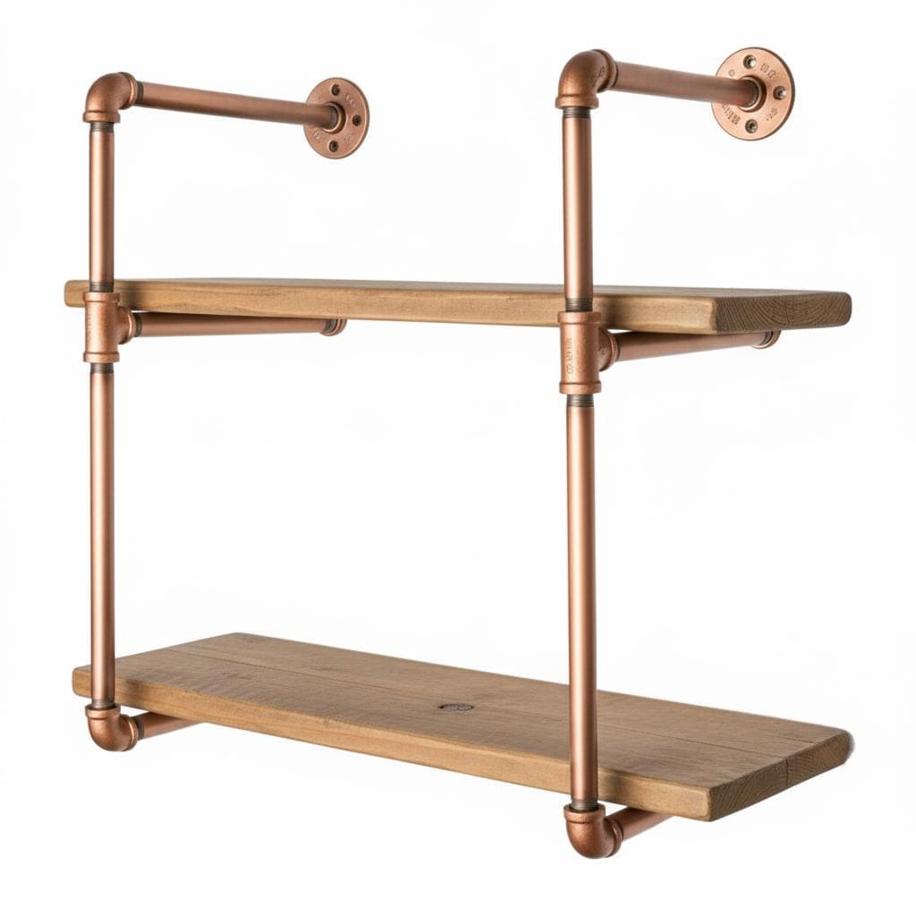 Reclaimed Wood Bookshelf with Gold Metal Pipe, Wall Mounted