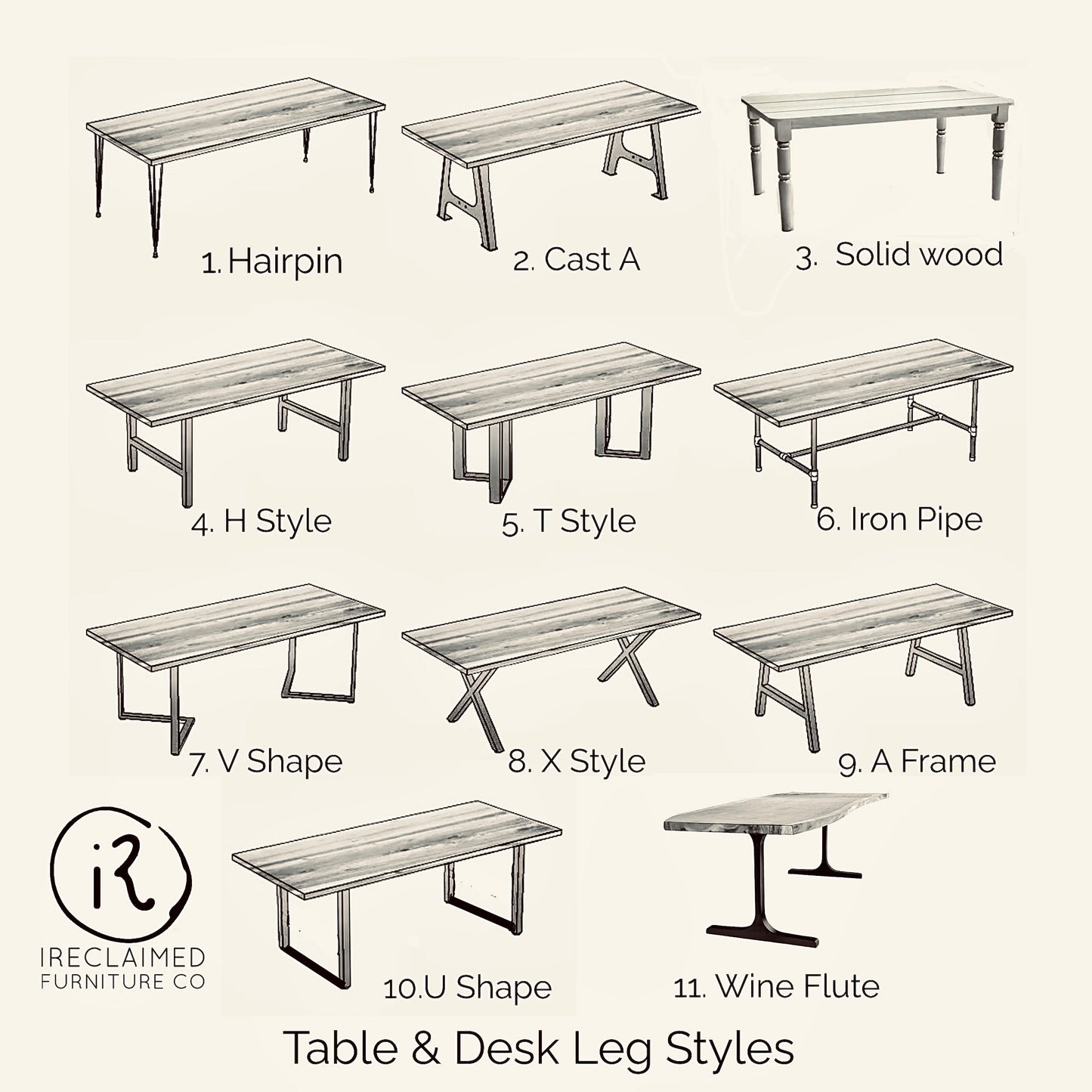 iReclaimed Furniture Co. illustration of 11 different table and desk leg styles including hairpin, cast A, solid wood, H, T, iron pipe, V, X, A frame, U, and wine flute.