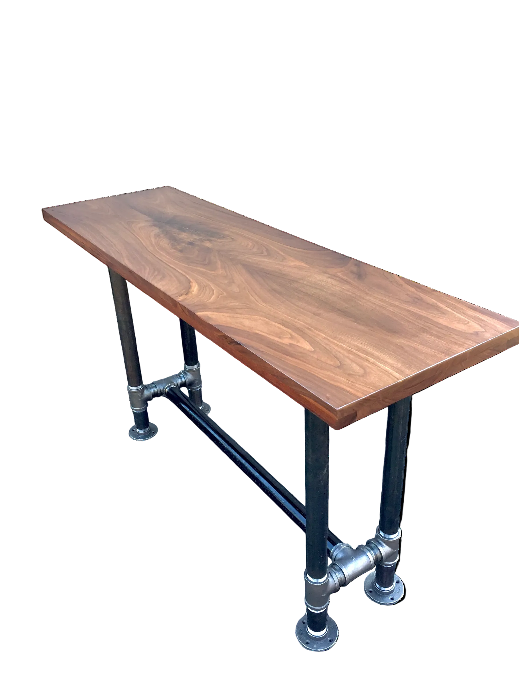 iReclaimed black walnut live edge bar table with industrial pipe legs and a natural finish.