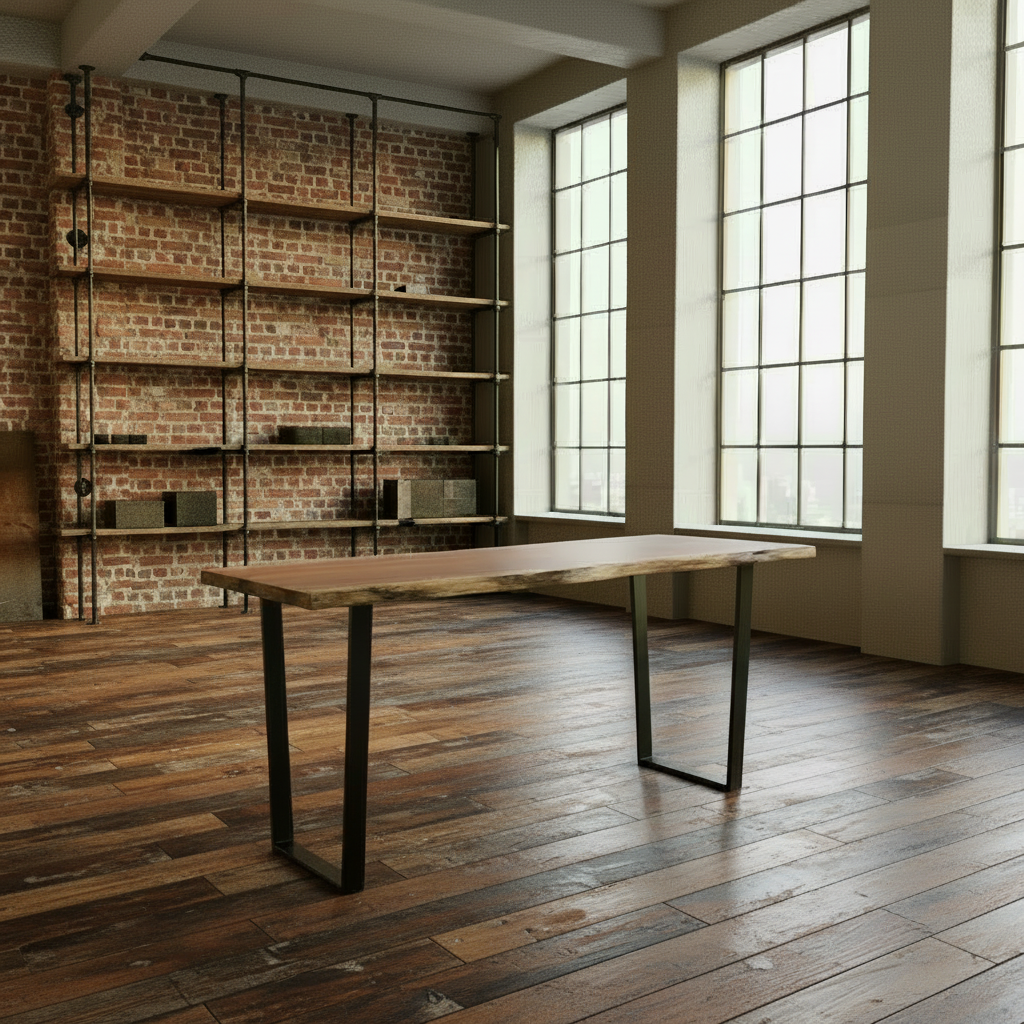 iReclaimed walnut live edge bar table with black steel legs. Customisable height, finish, and live edge style.
