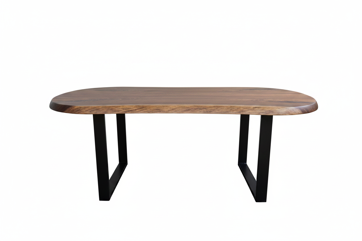 iReclaimed black walnut live edge bar table with sleek black metal legs, perfect for restaurants or homes.