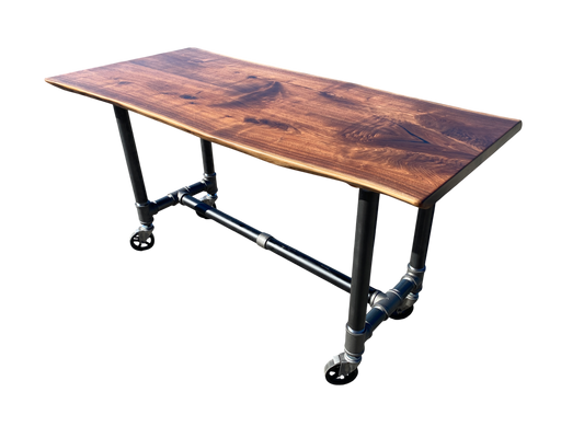 iReclaimed black walnut live edge bar table with industrial pipe legs and casters. Natural wood grain finish.