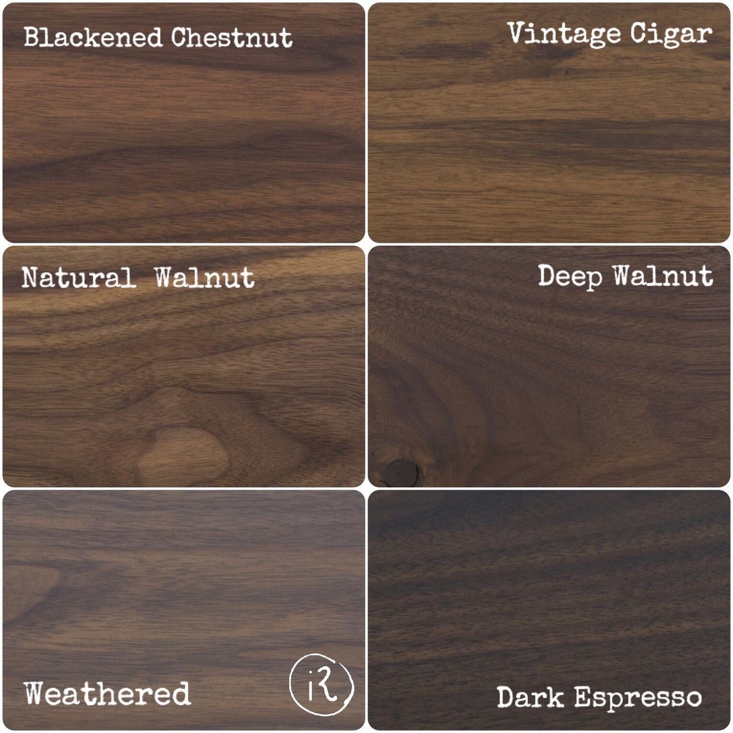 iReclaimed wood finish samples: Blackened Chestnut, Vintage Cigar, Natural Walnut, Deep Walnut, Weathered, and Dark Espresso.