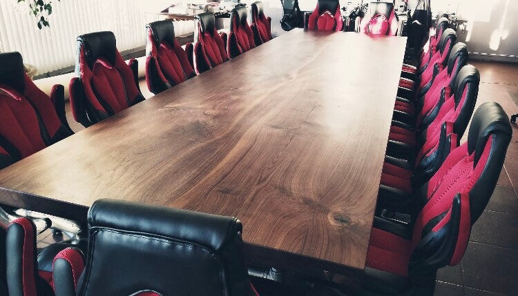 Capitol Conference Table - Massive Walnut Slab Boardroom Table with logo engraving